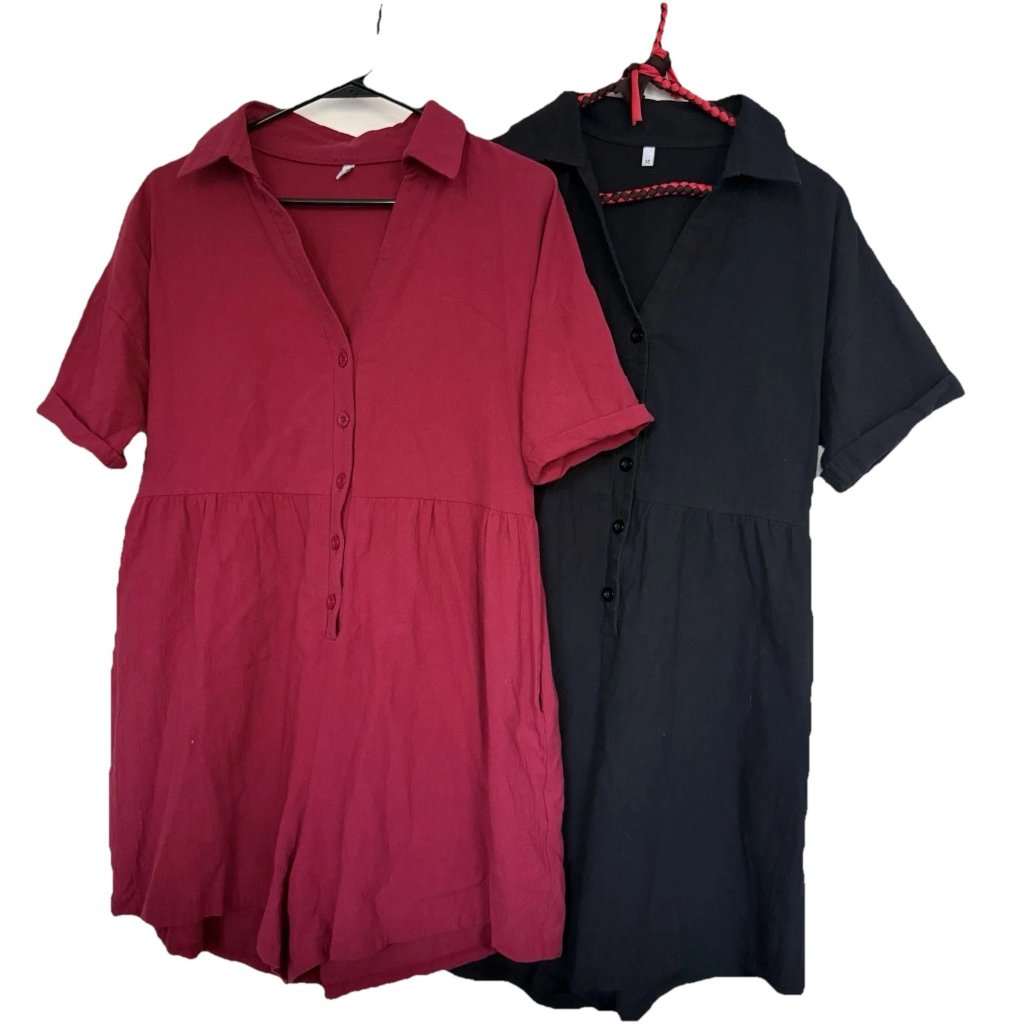 Womens Lot Of 2 Shortall Button Up Romper Shorts M Linen Rayon Pockets Red Black
